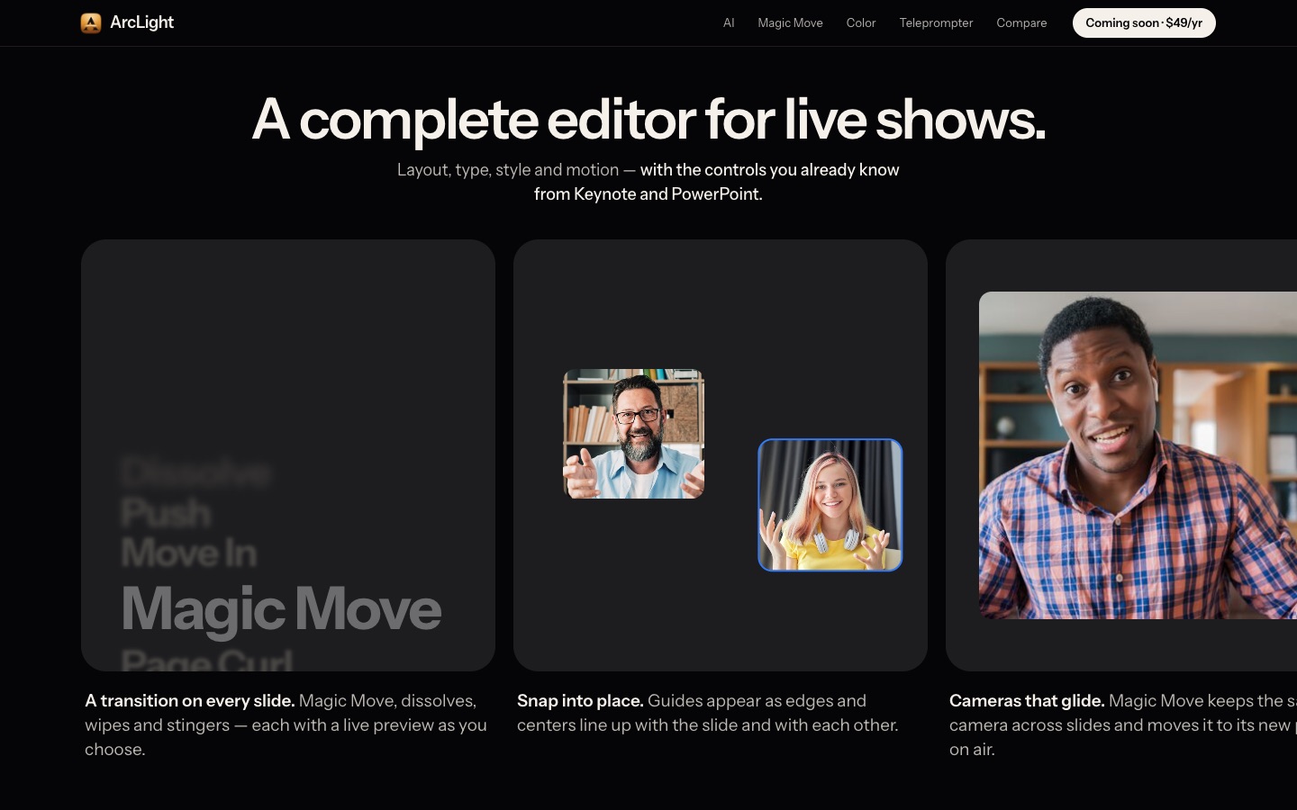 The ArcLight editor with transitions, snapping guides and cameras
