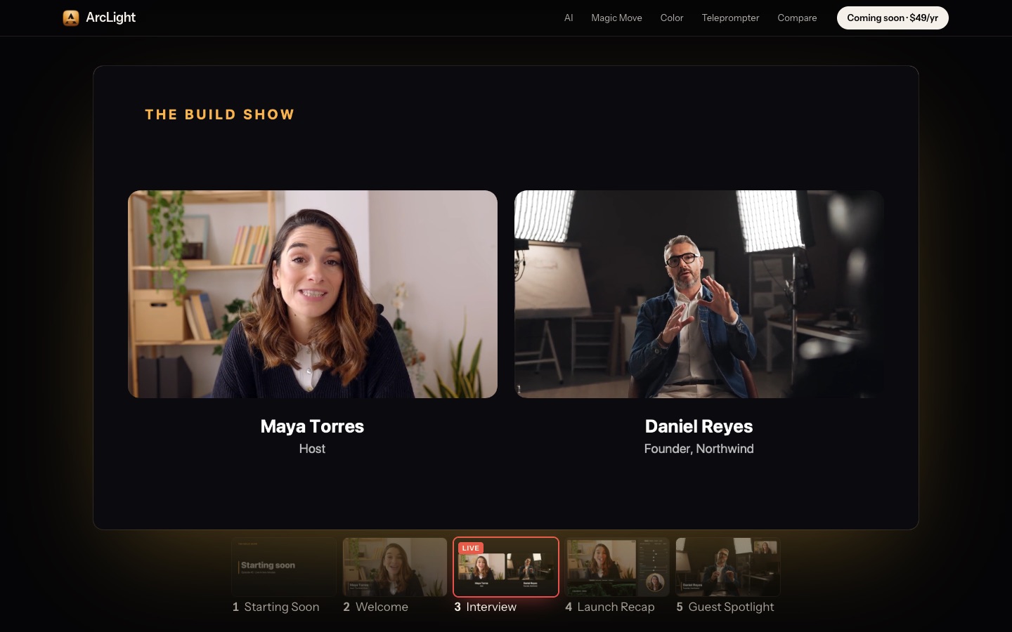 ArcLight program output: a two-camera interview slide with the slide strip below