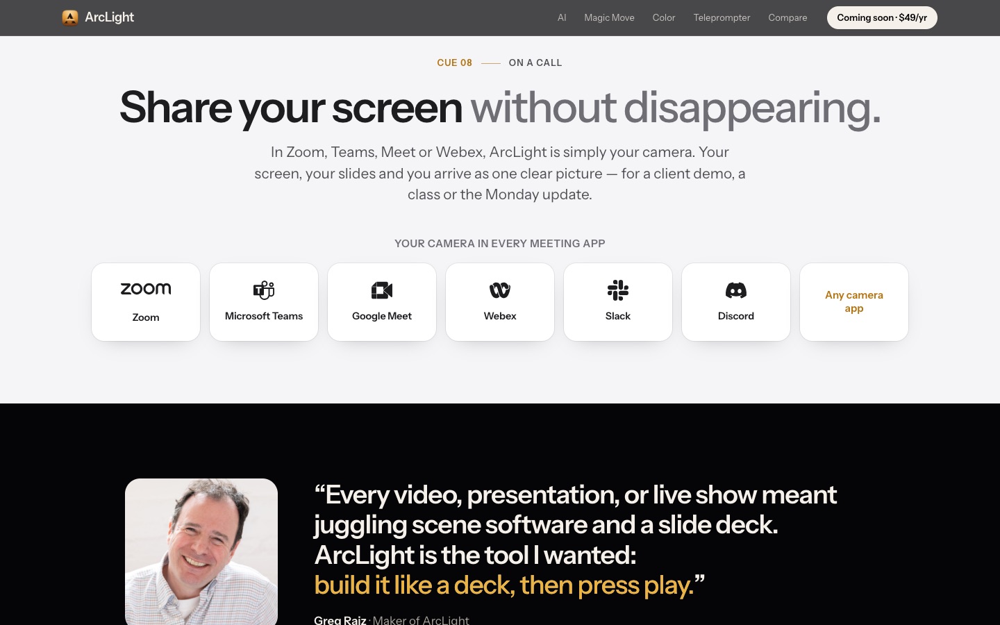 ArcLight works as a camera in Zoom, Teams, Meet, Webex, Slack and Discord