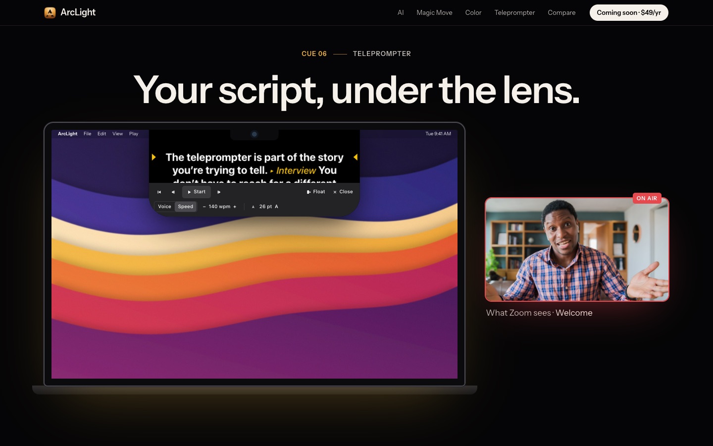ArcLight teleprompter docked under the MacBook notch