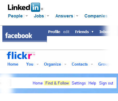Examples of poor navigation. Facebook, Flickr, LinkedIn and Twitter